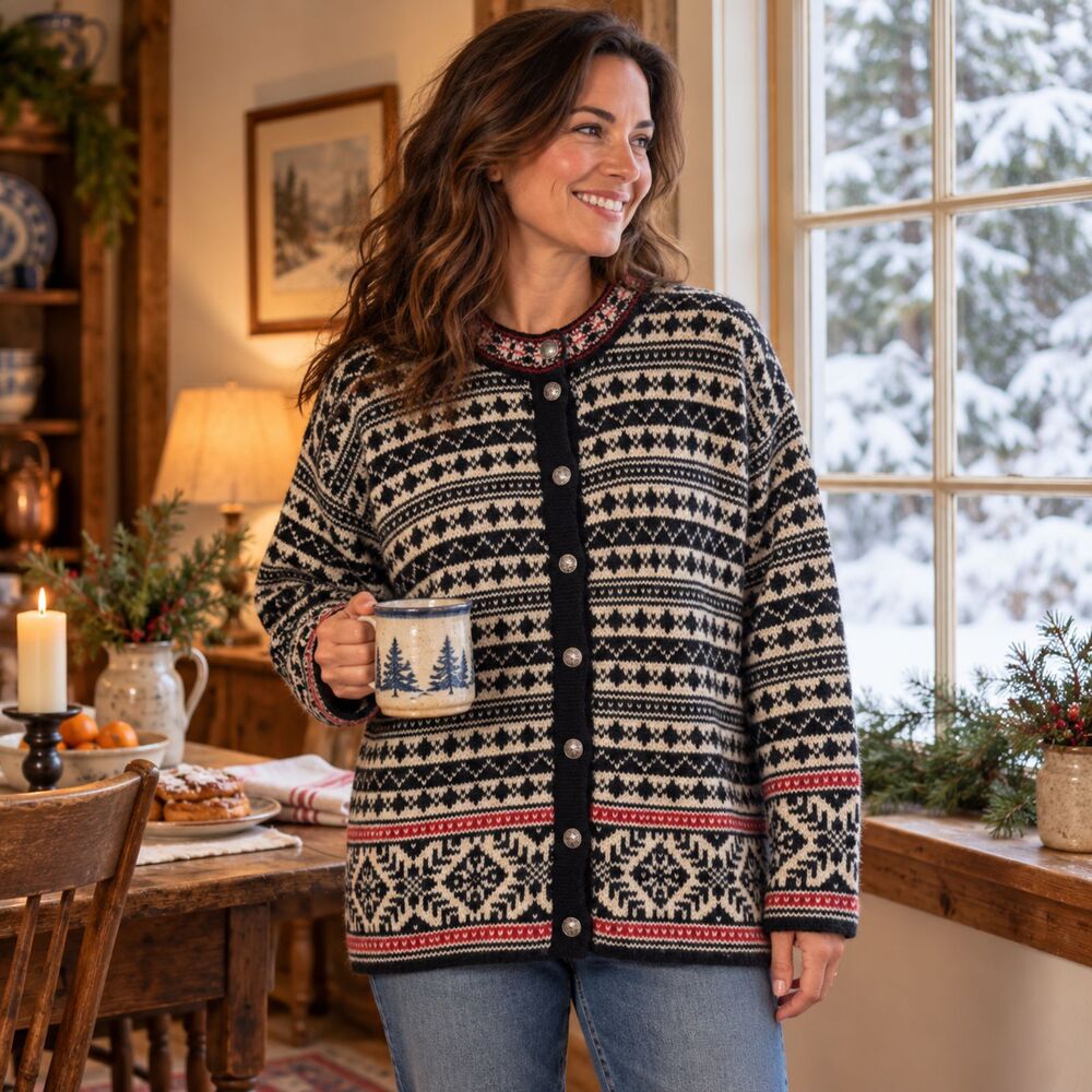 LL Bean Nordic Wool Cardigan Large Fair Isle USA Made Cozy Cabin Sweater Vintage